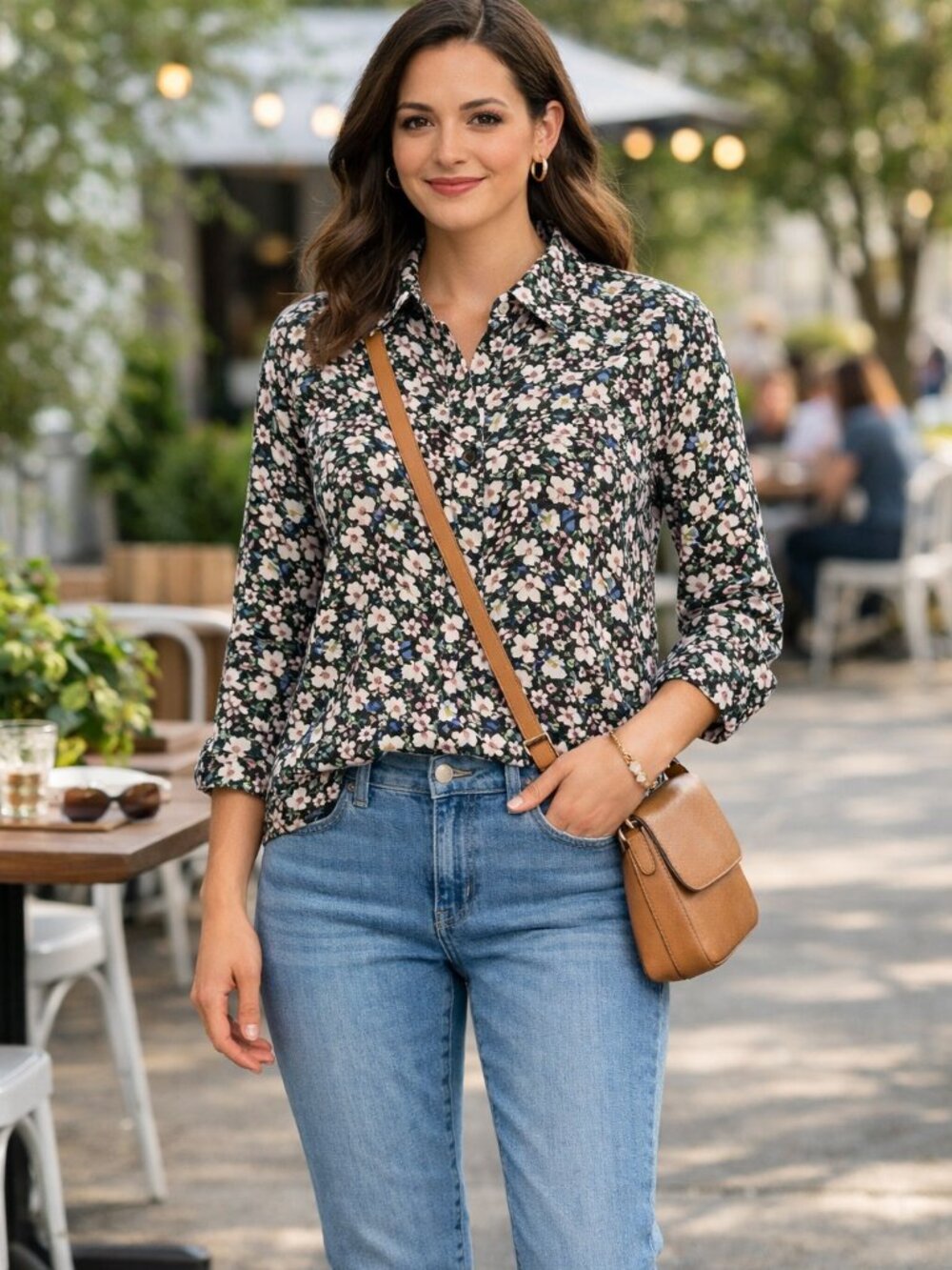 Talbots Long Sleeve Floral on Brown Background Button Down Blouse Size M